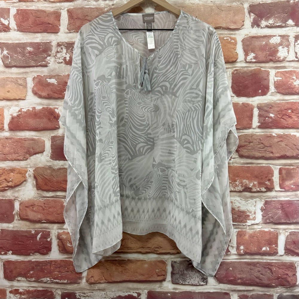 Chico's Kimono Top Women's L/XL Gray Boho Zebra Safari Animal Print Sheer Shirt